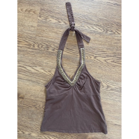 a.n.a A New Approach Tops - ana A New Approach Brown Beaded Halter Top Medium Y2K Boho Embellished V-Neck
